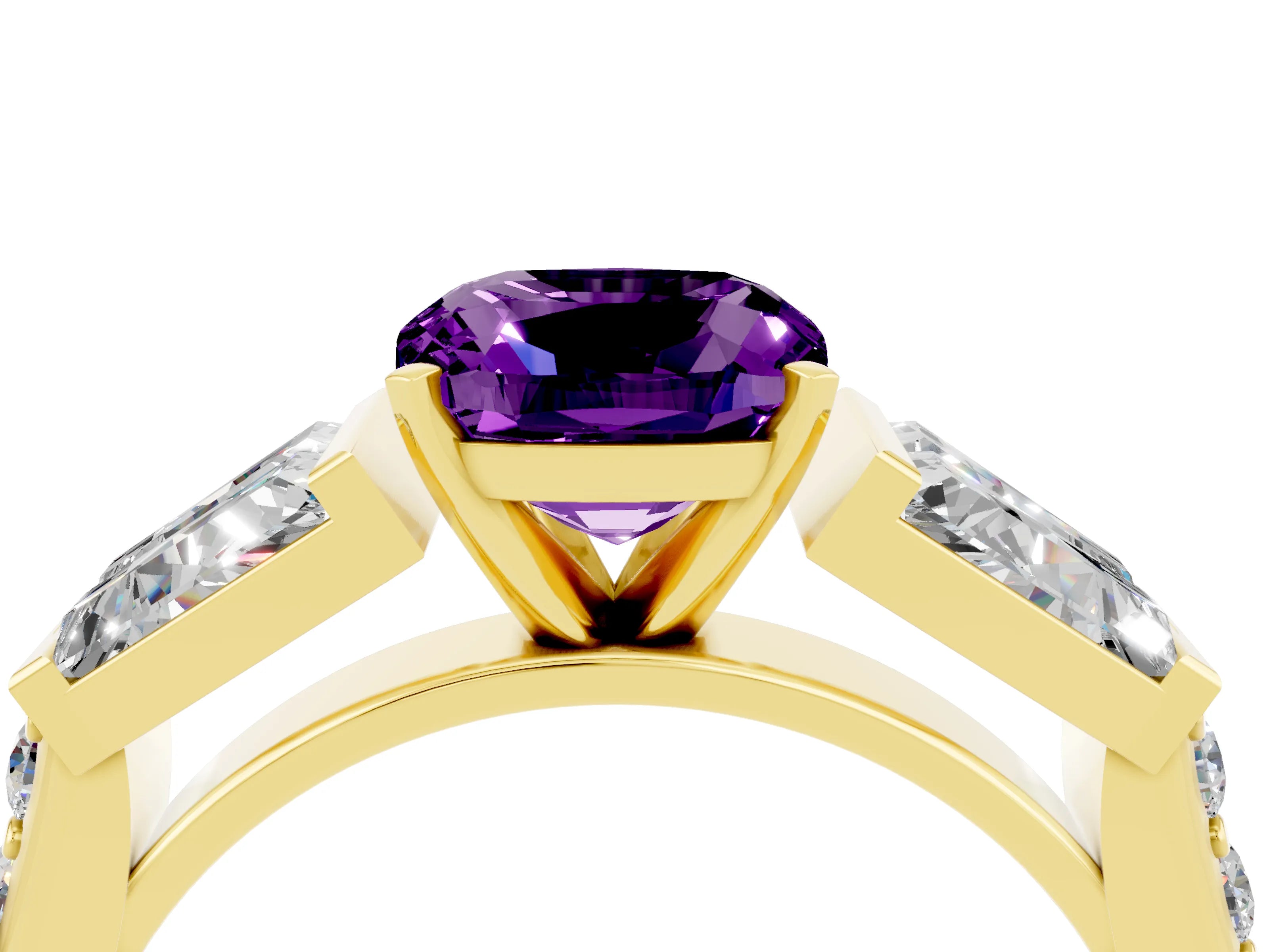 Yellow gold Cushion Cut Amethyst Engagement Ring with Baguette Side Stones and Channel Set Band_4