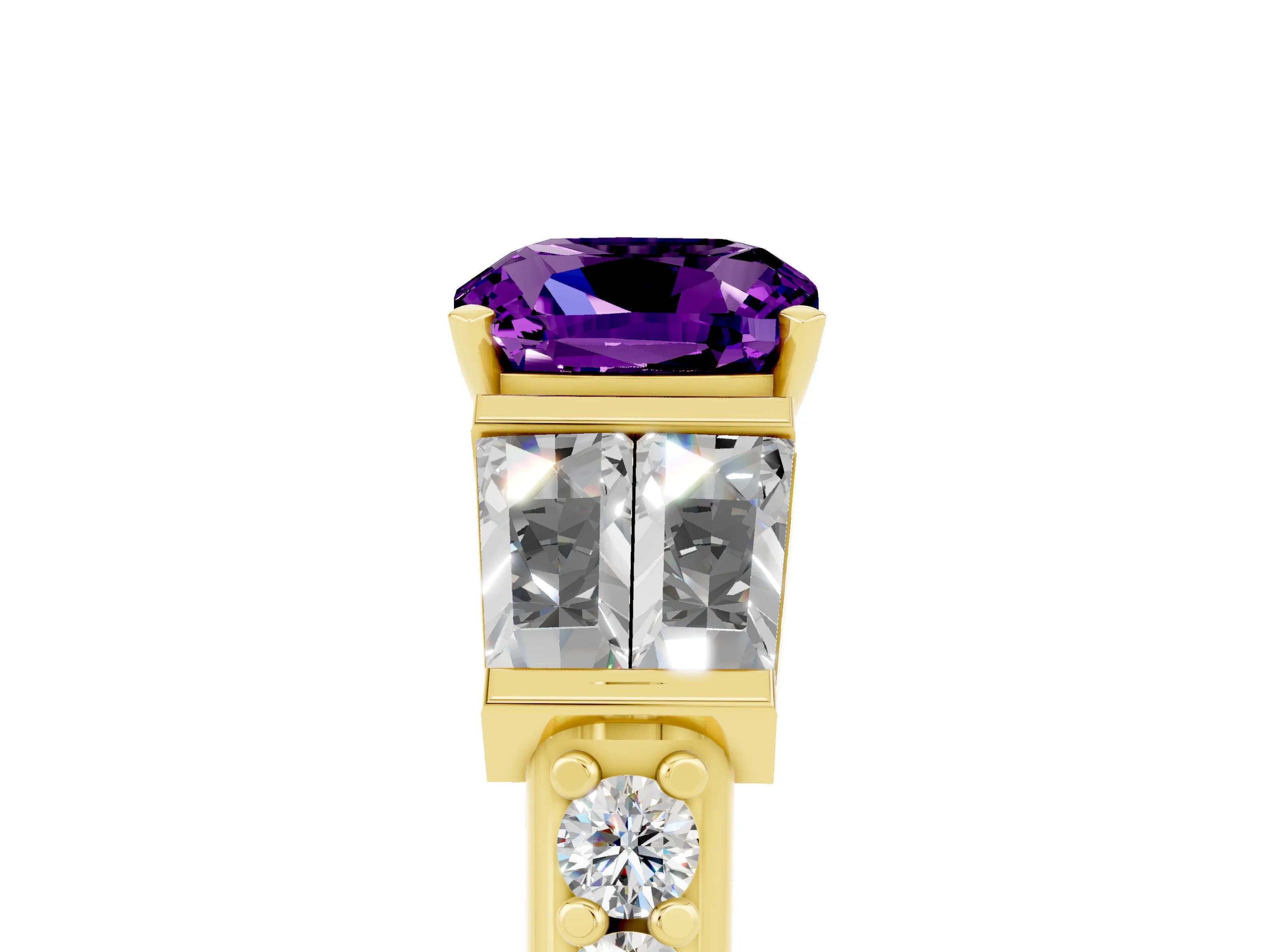 Yellow gold Cushion Cut Amethyst Engagement Ring with Baguette Side Stones and Channel Set Band_5
