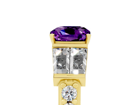 Yellow gold Cushion Cut Amethyst Engagement Ring with Baguette Side Stones and Channel Set Band_5