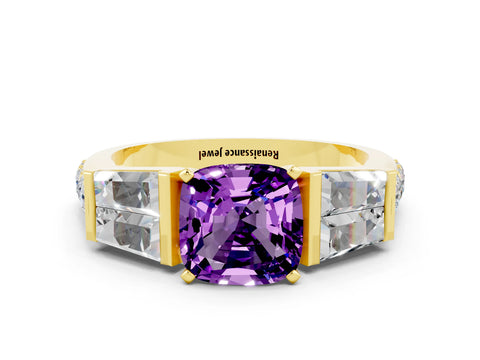 Yellow gold Cushion Cut Amethyst Engagement Ring with Baguette Side Stones and Channel Set Band