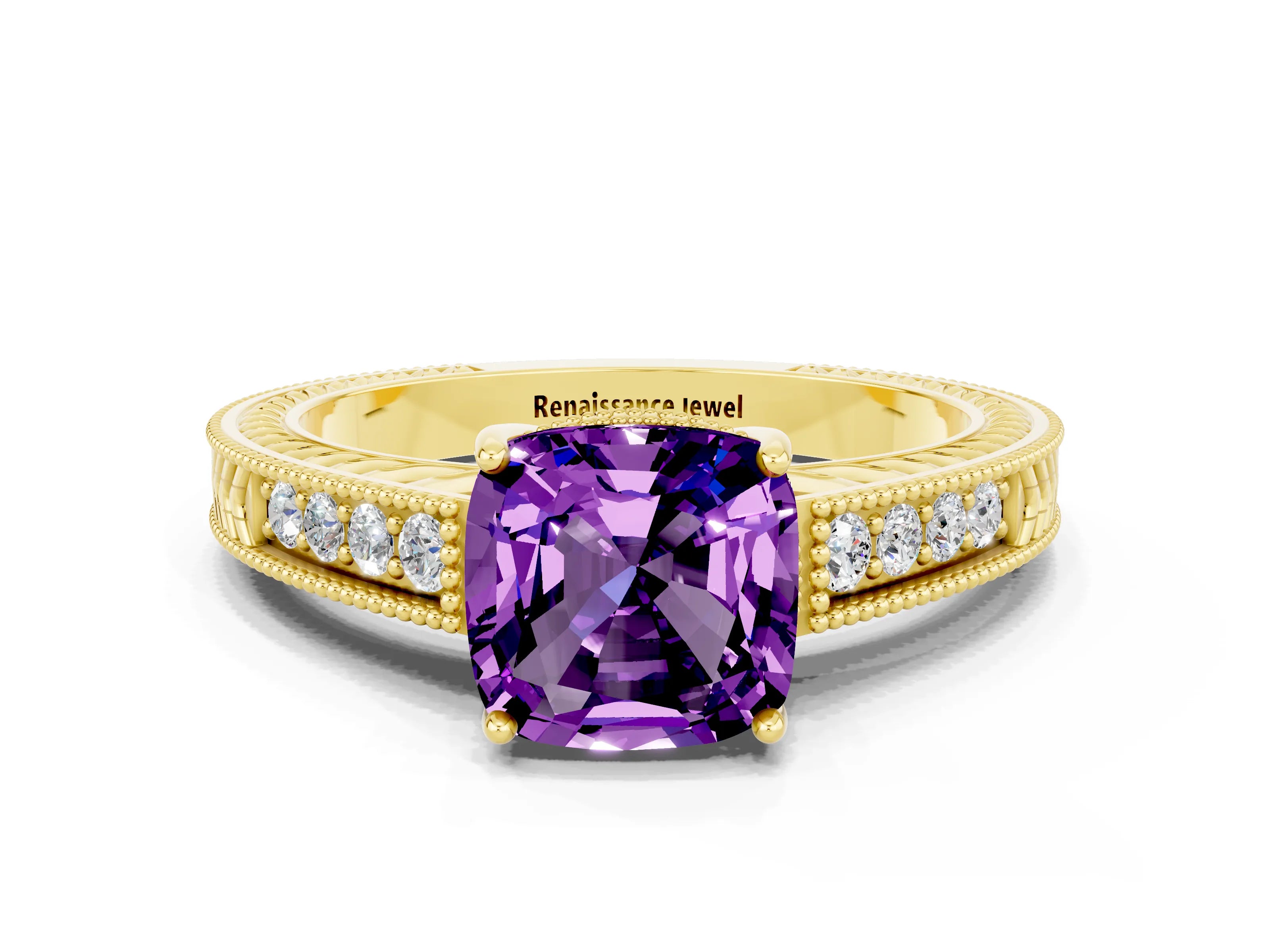 Yellow gold Cushion Cut Amethyst Engagement Ring with Milgrain Channel Set Band and Prong Setting