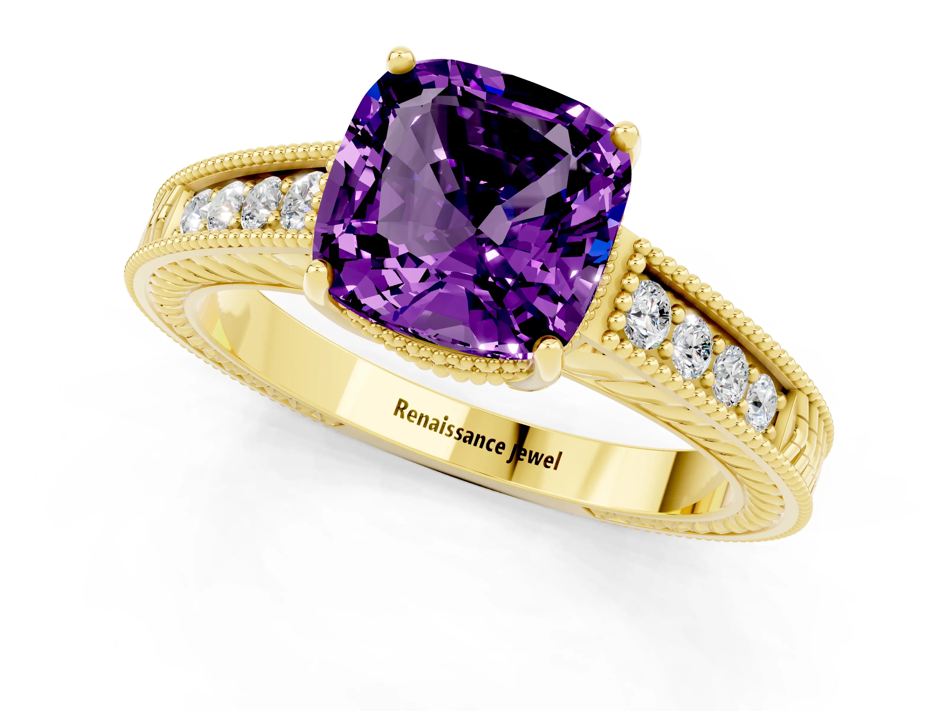 Yellow gold Cushion Cut Amethyst Engagement Ring with Milgrain Channel Set Band and Prong Setting_1