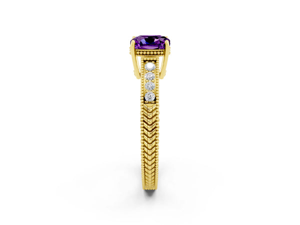 Yellow gold Cushion Cut Amethyst Engagement Ring with Milgrain Channel Set Band and Prong Setting