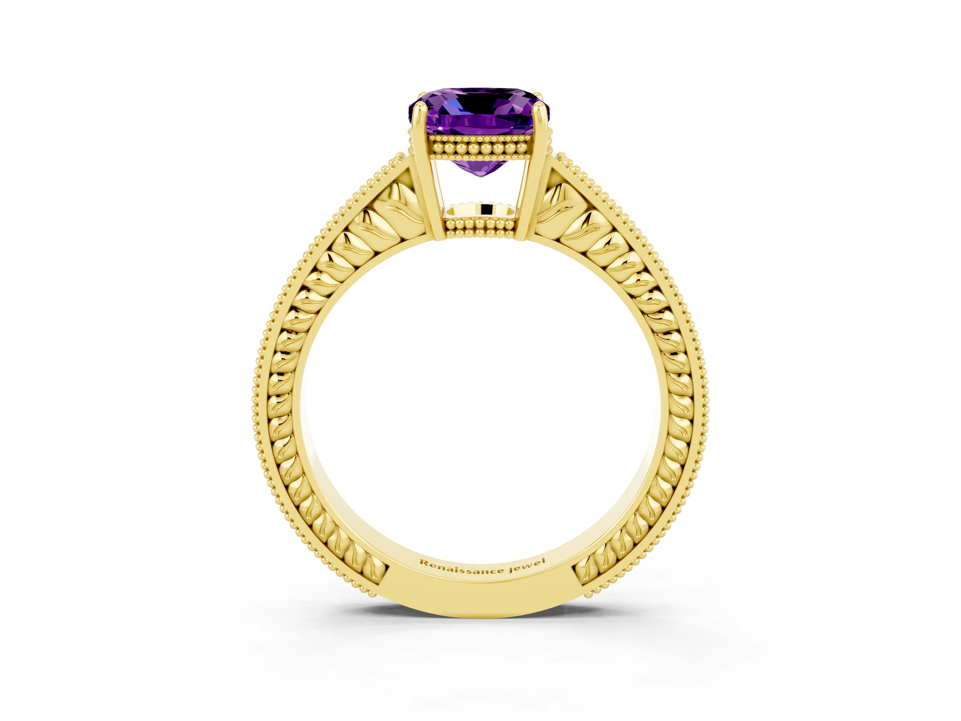 Yellow gold Cushion Cut Amethyst Engagement Ring with Milgrain Channel Set Band and Prong Setting_3