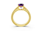 Yellow gold Cushion Cut Amethyst Engagement Ring with Milgrain Channel Set Band and Prong Setting_3