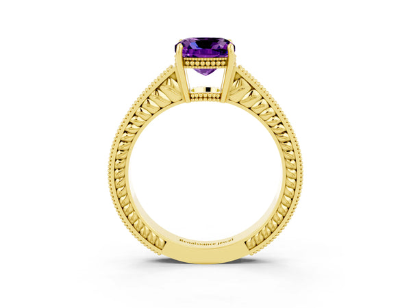Yellow gold Cushion Cut Amethyst Engagement Ring with Milgrain Channel Set Band and Prong Setting