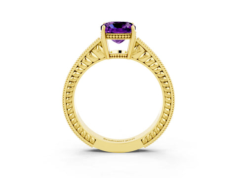 Yellow gold Cushion Cut Amethyst Engagement Ring with Milgrain Channel Set Band and Prong Setting_3