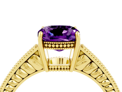 Yellow gold Cushion Cut Amethyst Engagement Ring with Milgrain Channel Set Band and Prong Setting_4