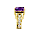 Yellow gold Cushion Cut Amethyst Engagement Ring with Milgrain Channel Set Band and Prong Setting_5