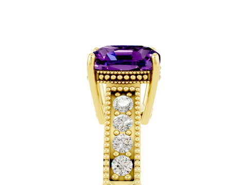Yellow gold Cushion Cut Amethyst Engagement Ring with Milgrain Channel Set Band and Prong Setting_5
