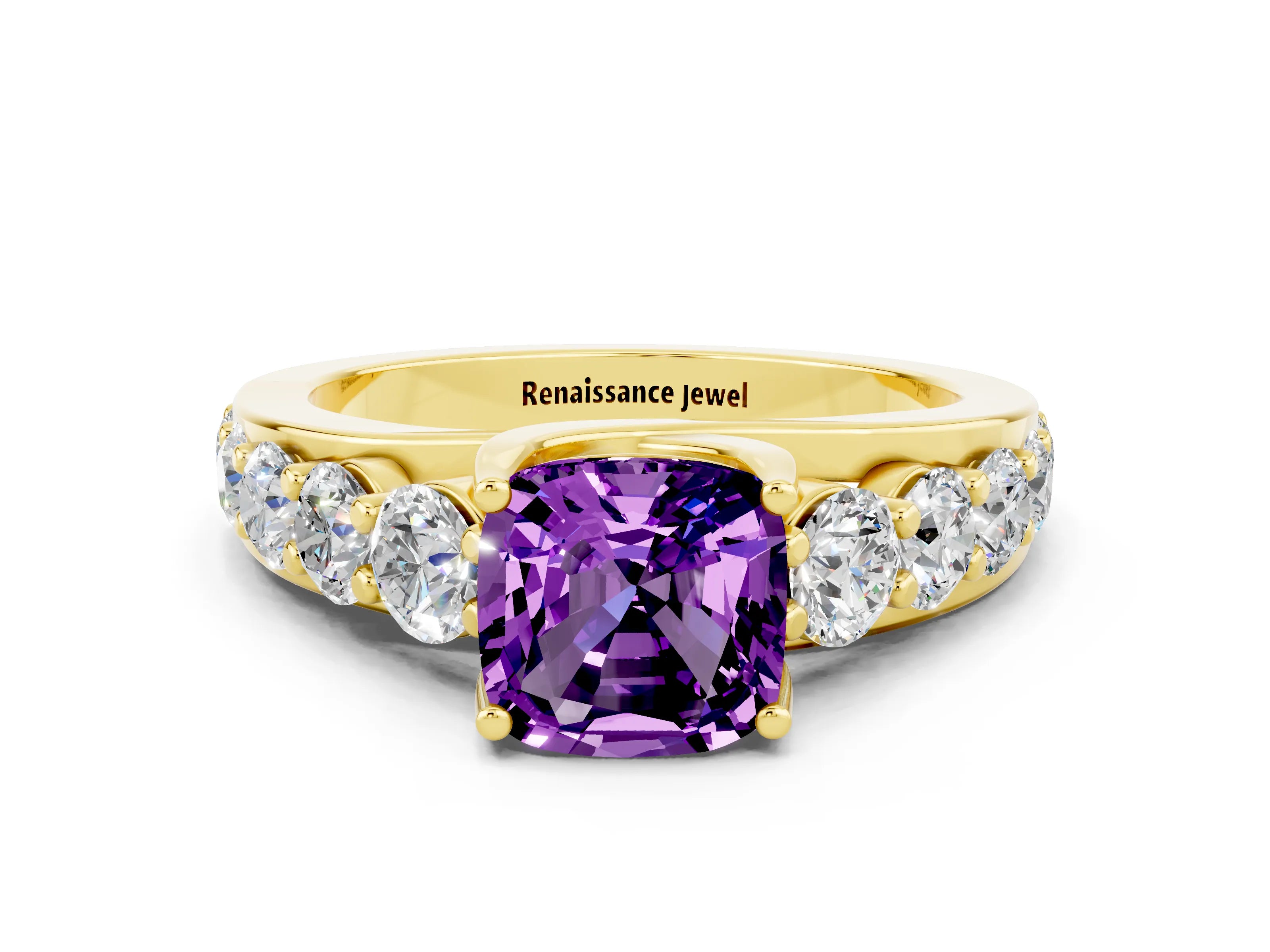 Yellow gold Cushion Cut Amethyst Engagement Ring with Pavé Band and Four-Prong Setting