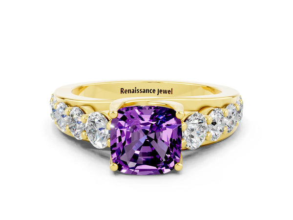 Yellow gold Cushion Cut Amethyst Engagement Ring with Pavé Band and Four-Prong Setting