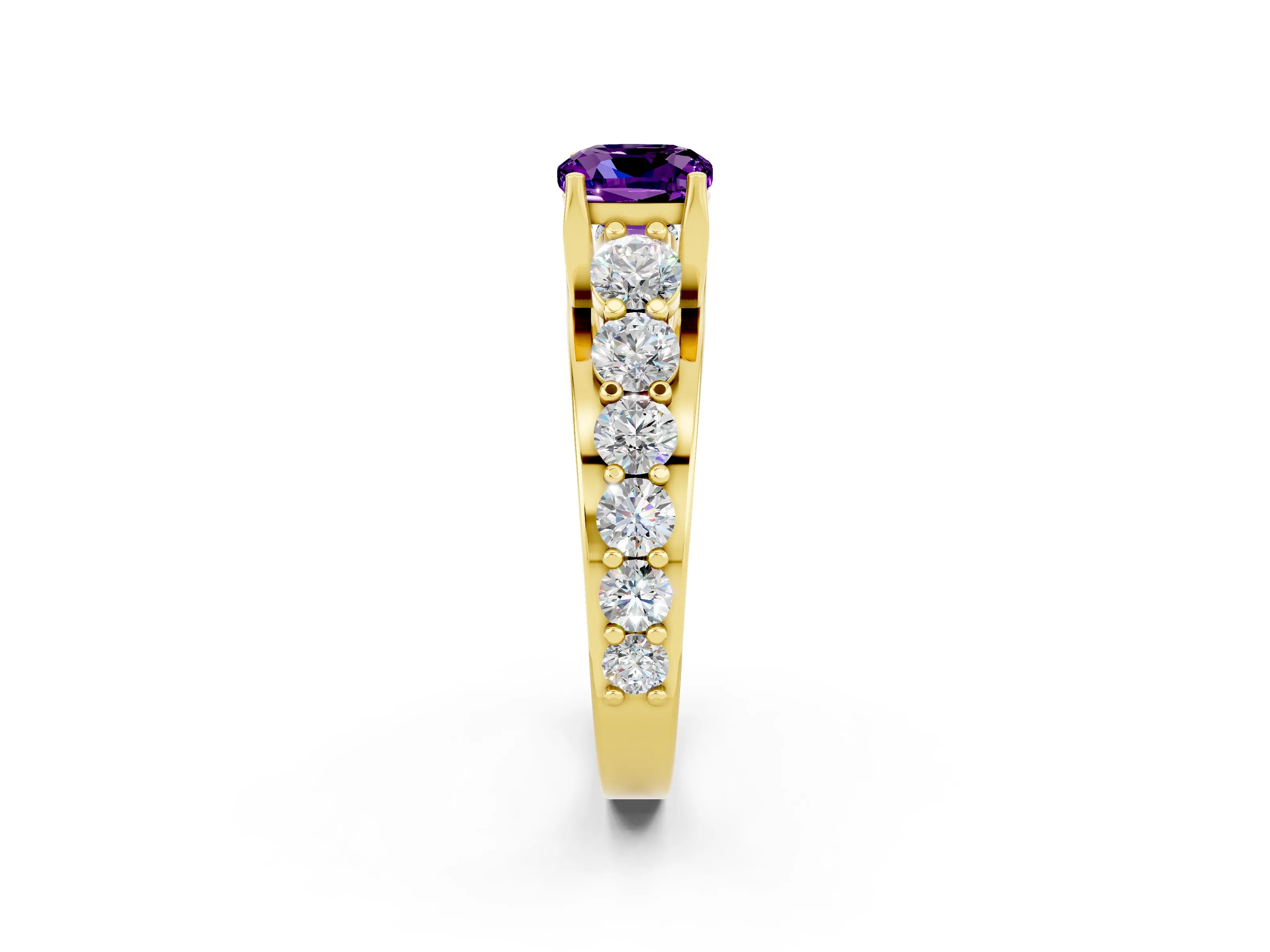 Yellow gold Cushion Cut Amethyst Engagement Ring with Pavé Band and Four-Prong Setting_2