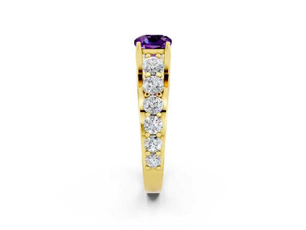 Yellow gold Cushion Cut Amethyst Engagement Ring with Pavé Band and Four-Prong Setting