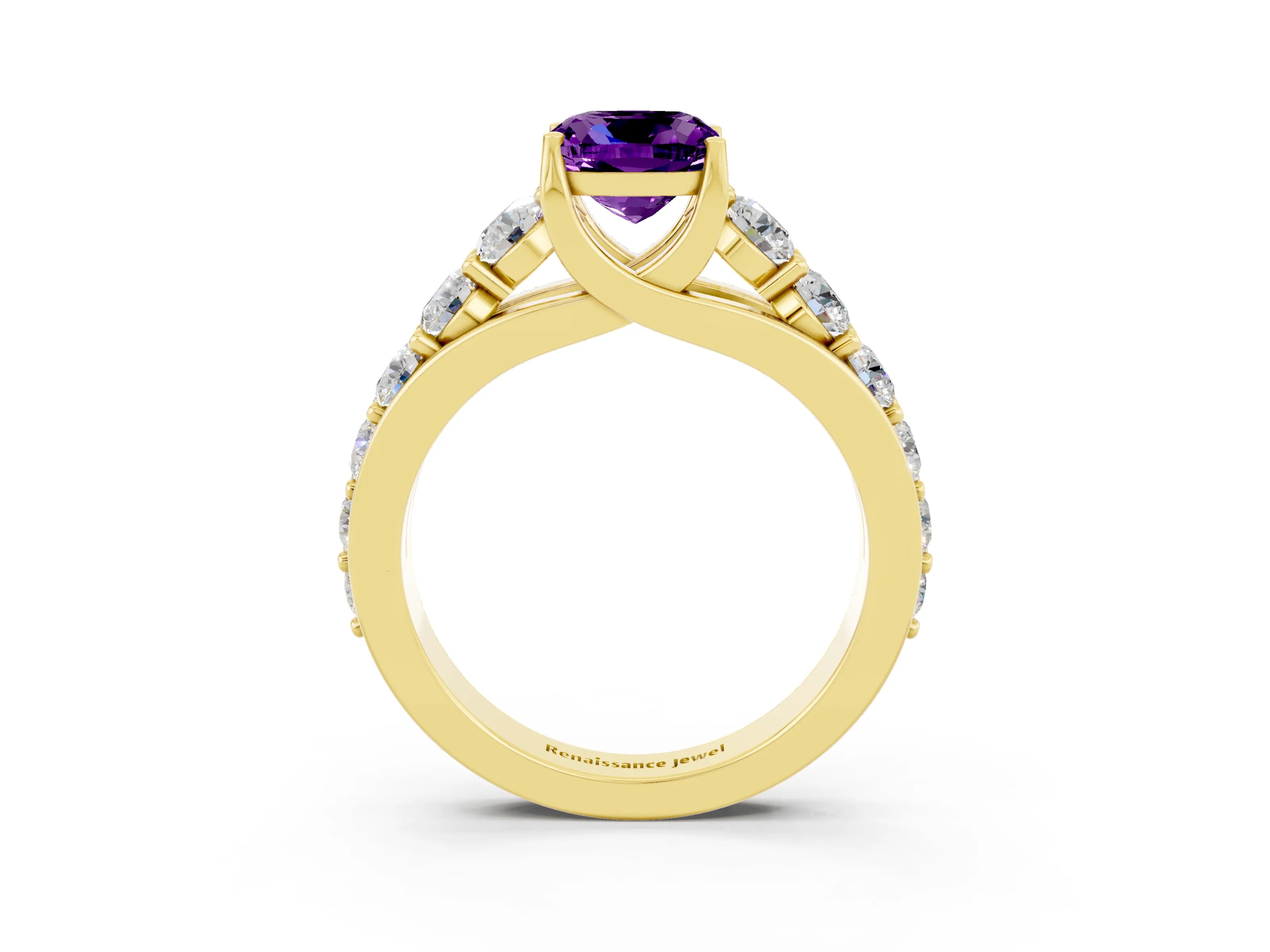 Yellow gold Cushion Cut Amethyst Engagement Ring with Pavé Band and Four-Prong Setting_3