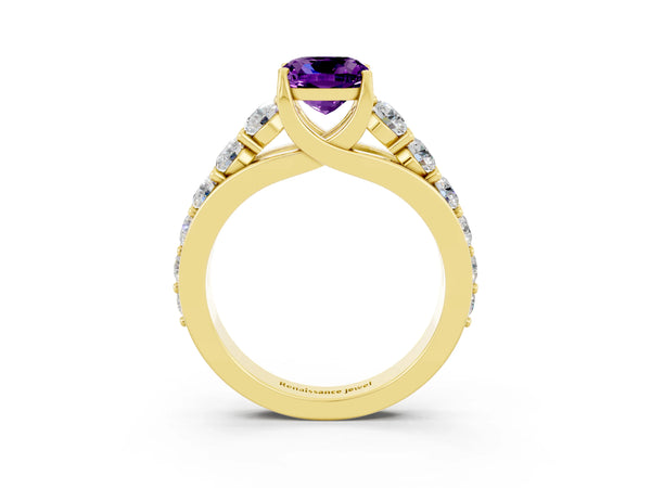 Yellow gold Cushion Cut Amethyst Engagement Ring with Pavé Band and Four-Prong Setting