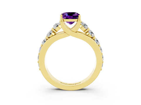 Yellow gold Cushion Cut Amethyst Engagement Ring with Pavé Band and Four-Prong Setting_3