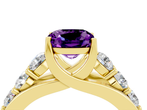 Yellow gold Cushion Cut Amethyst Engagement Ring with Pavé Band and Four-Prong Setting_4