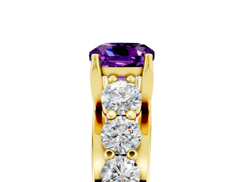 Yellow gold Cushion Cut Amethyst Engagement Ring with Pavé Band and Four-Prong Setting_5