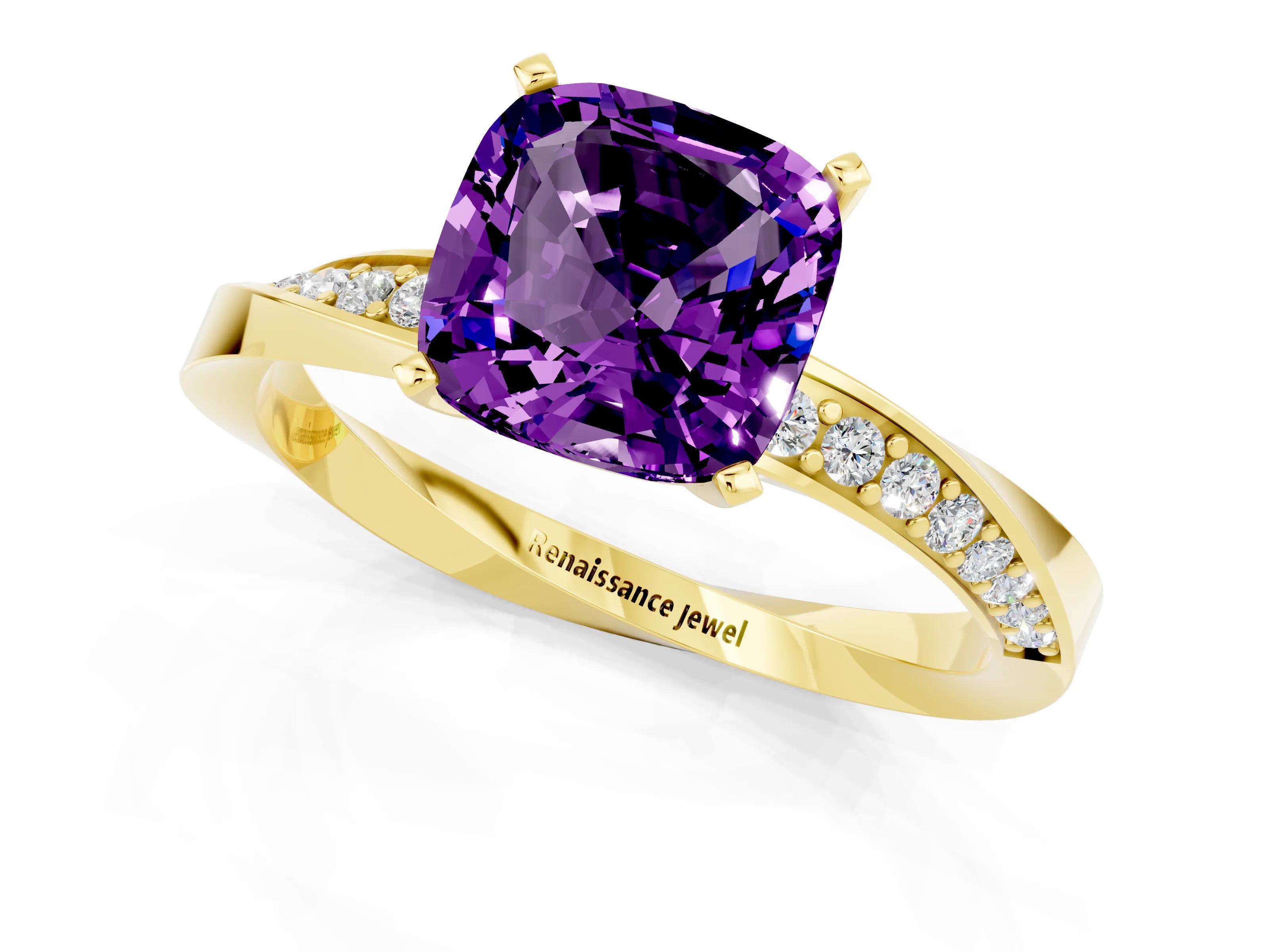 Yellow gold Cushion Cut Amethyst Engagement Ring with Side Stone Accents and Four-Prong Setting_40
