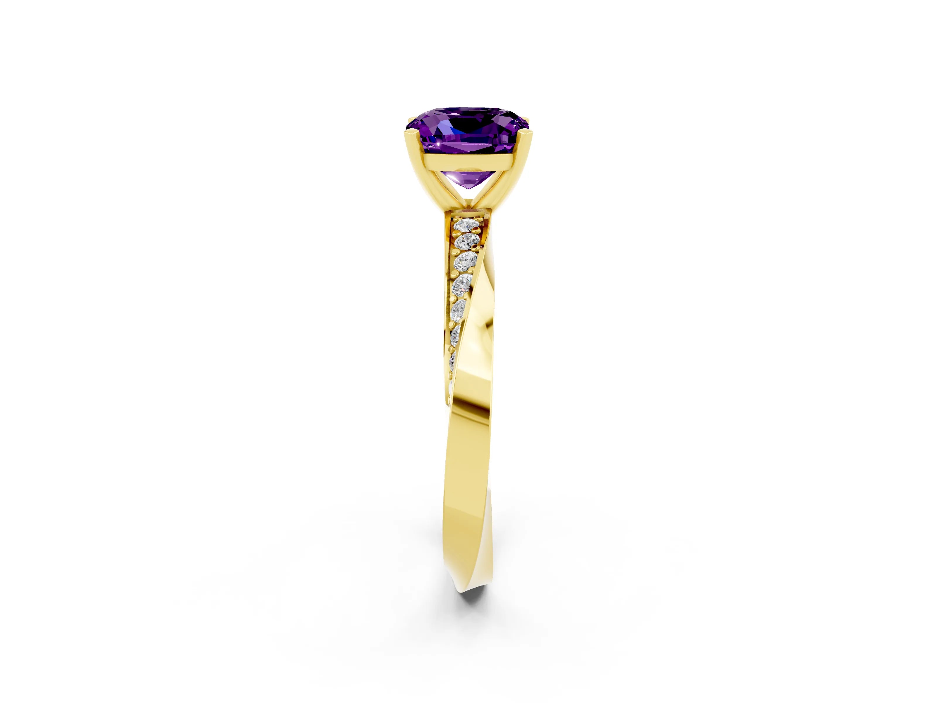 Yellow gold Cushion Cut Amethyst Engagement Ring with Side Stone Accents and Four-Prong Setting_41