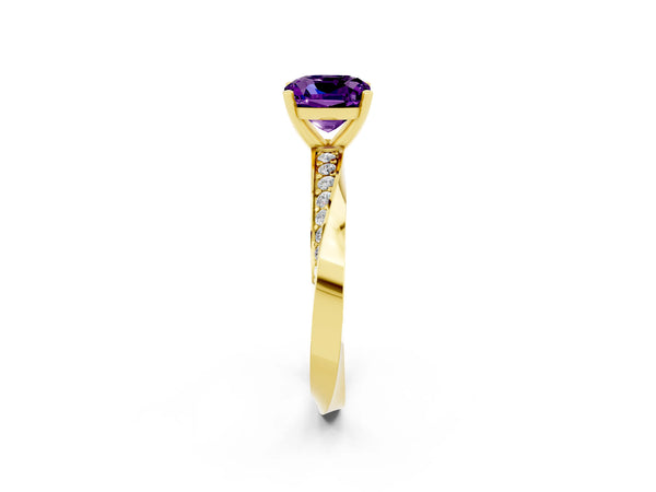 Yellow gold Cushion Cut Amethyst Engagement Ring with Side Stone Accents and Four-Prong Setting