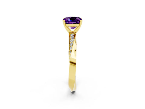 Yellow gold Cushion Cut Amethyst Engagement Ring with Side Stone Accents and Four-Prong Setting_41
