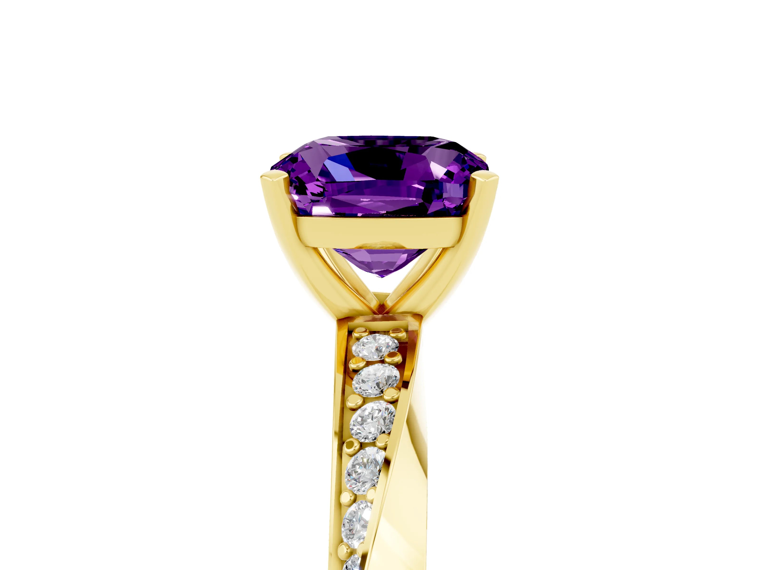 Yellow gold Cushion Cut Amethyst Engagement Ring with Side Stone Accents and Four-Prong Setting_44
