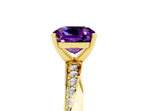 Yellow gold Cushion Cut Amethyst Engagement Ring with Side Stone Accents and Four-Prong Setting_44
