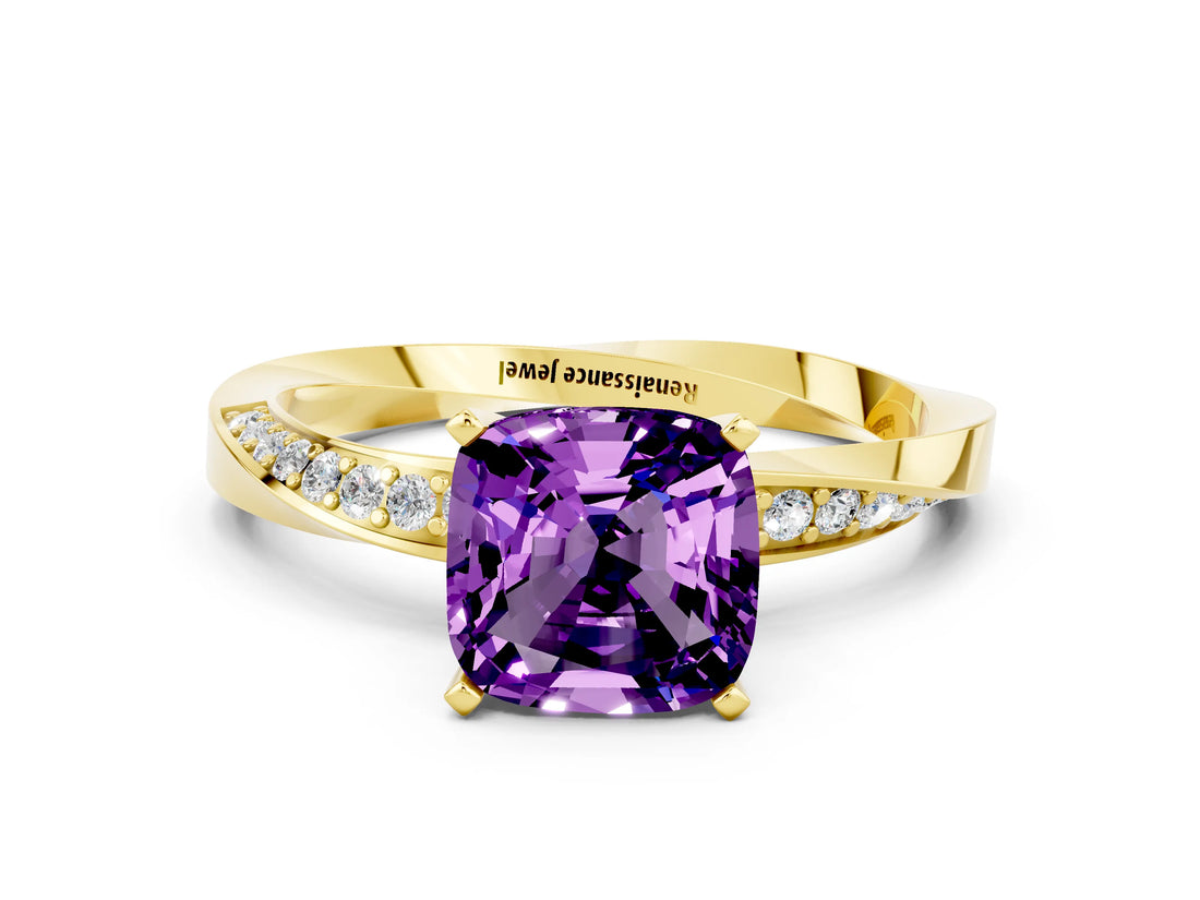 Yellow gold Cushion Cut Amethyst Engagement Ring with Side Stone Accents and Four-Prong Setting_84