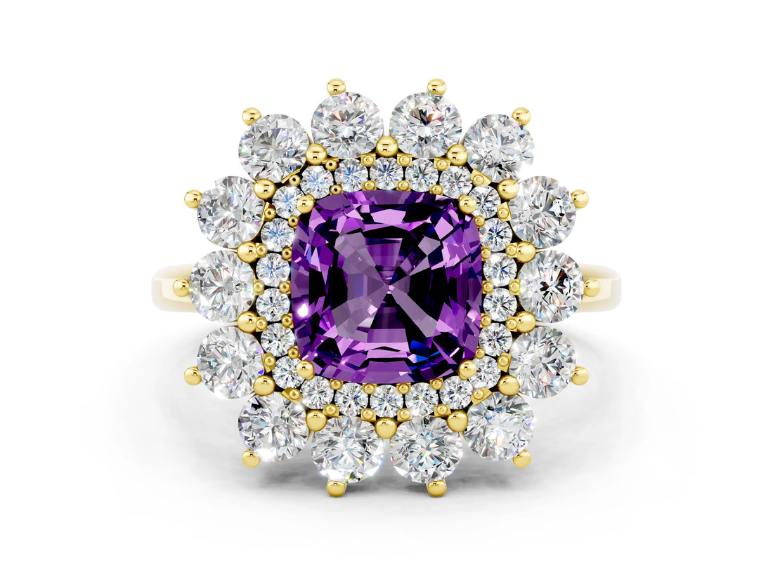 Yellow gold Cushion Cut Amethyst Floral Double Halo Engagement Ring with Prong Setting_60