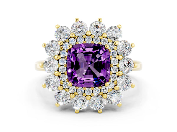 Yellow gold Cushion Cut Amethyst Floral Double Halo Engagement Ring with Prong Setting