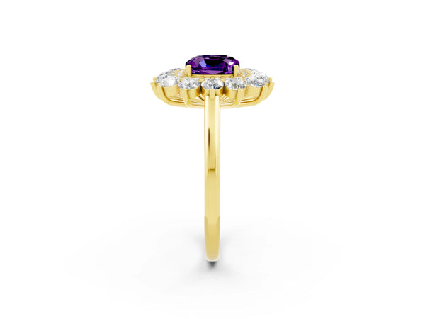 Yellow gold Cushion Cut Amethyst Floral Double Halo Engagement Ring with Prong Setting