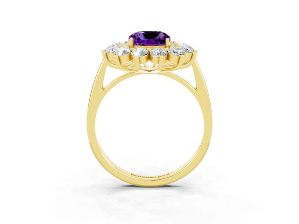 Yellow gold Cushion Cut Amethyst Floral Double Halo Engagement Ring with Prong Setting
