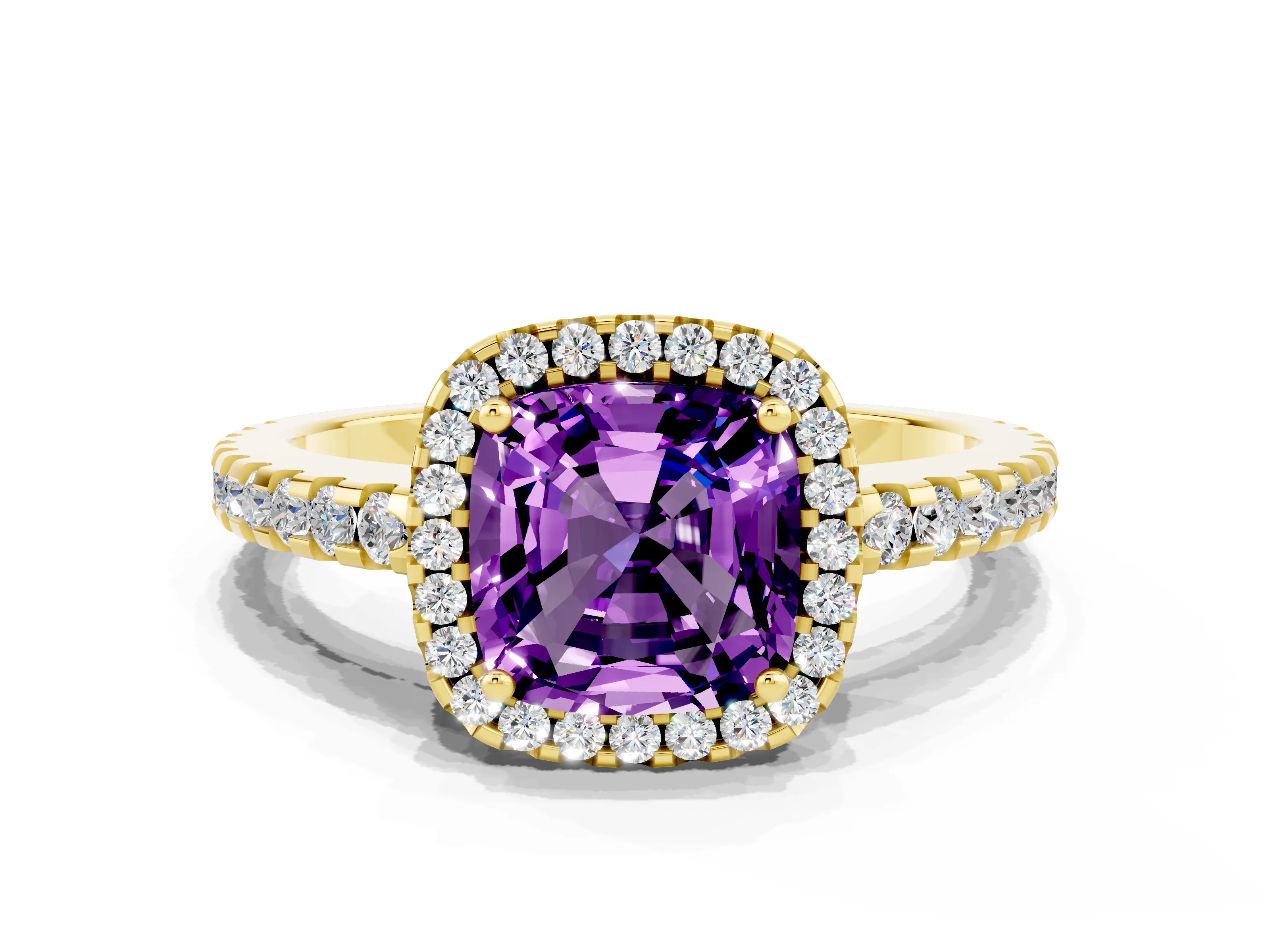Yellow gold Cushion Cut Amethyst Halo Engagement Ring with Pavé Band and Prong Setting_12