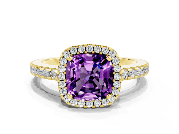 Yellow gold Cushion Cut Amethyst Halo Engagement Ring with Pavé Band and Prong Setting