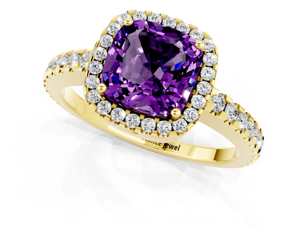Yellow gold Cushion Cut Amethyst Halo Engagement Ring with Pavé Band and Prong Setting