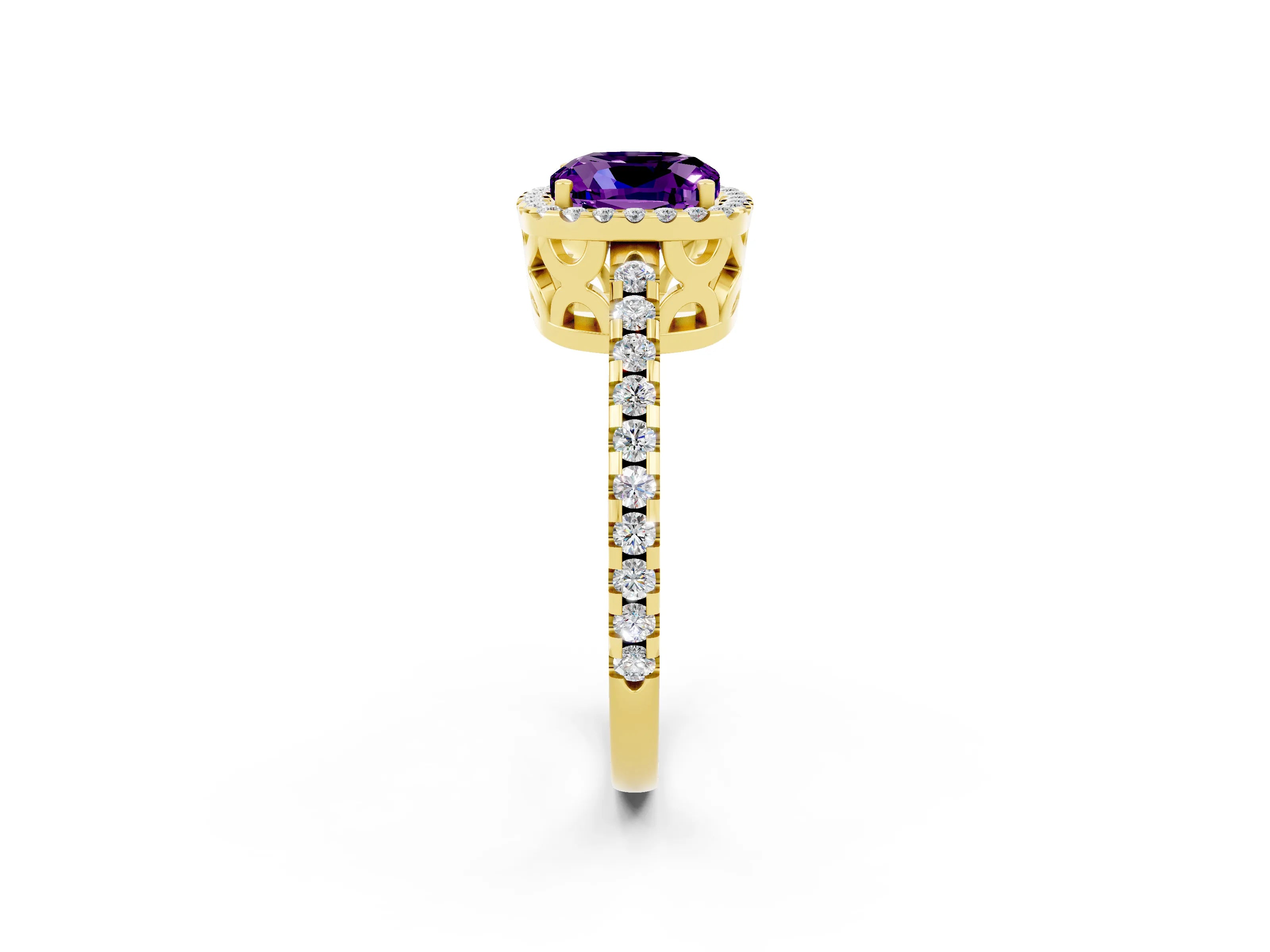 Yellow gold Cushion Cut Amethyst Halo Engagement Ring with Pavé Band and Prong Setting_14