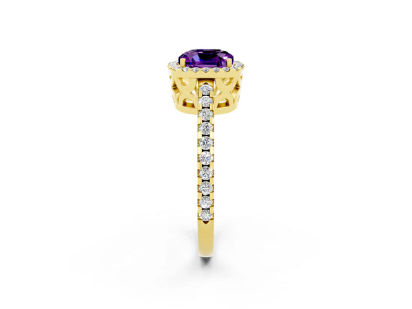 Yellow gold Cushion Cut Amethyst Halo Engagement Ring with Pavé Band and Prong Setting