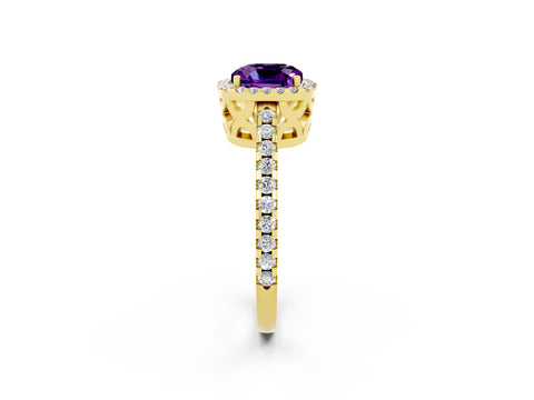 Yellow gold Cushion Cut Amethyst Halo Engagement Ring with Pavé Band and Prong Setting_14