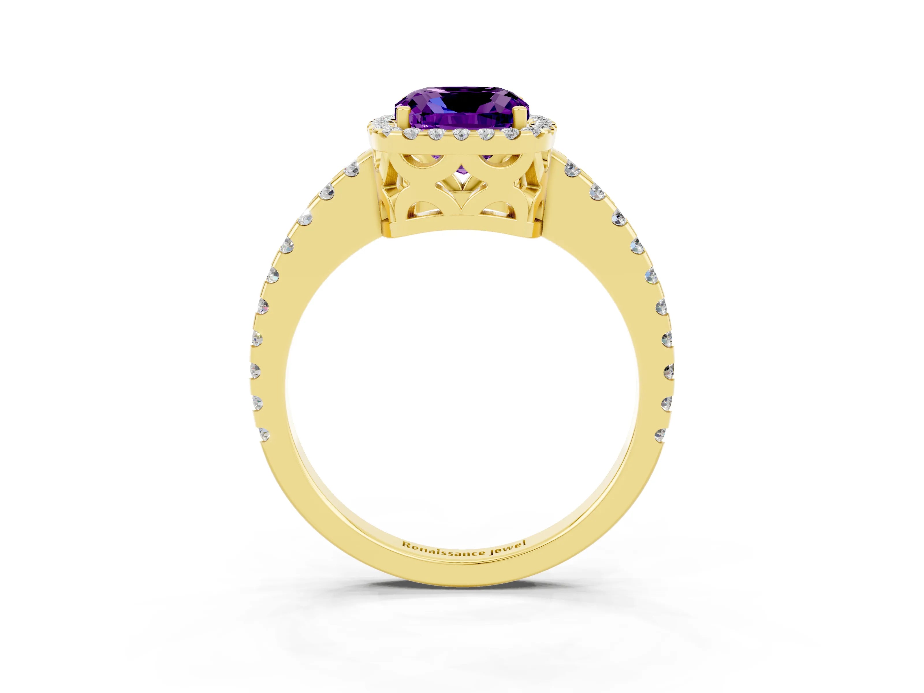 Yellow gold Cushion Cut Amethyst Halo Engagement Ring with Pavé Band and Prong Setting_15