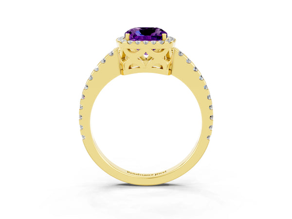 Yellow gold Cushion Cut Amethyst Halo Engagement Ring with Pavé Band and Prong Setting