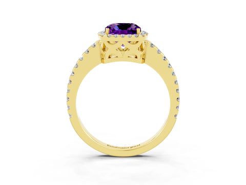 Yellow gold Cushion Cut Amethyst Halo Engagement Ring with Pavé Band and Prong Setting_15