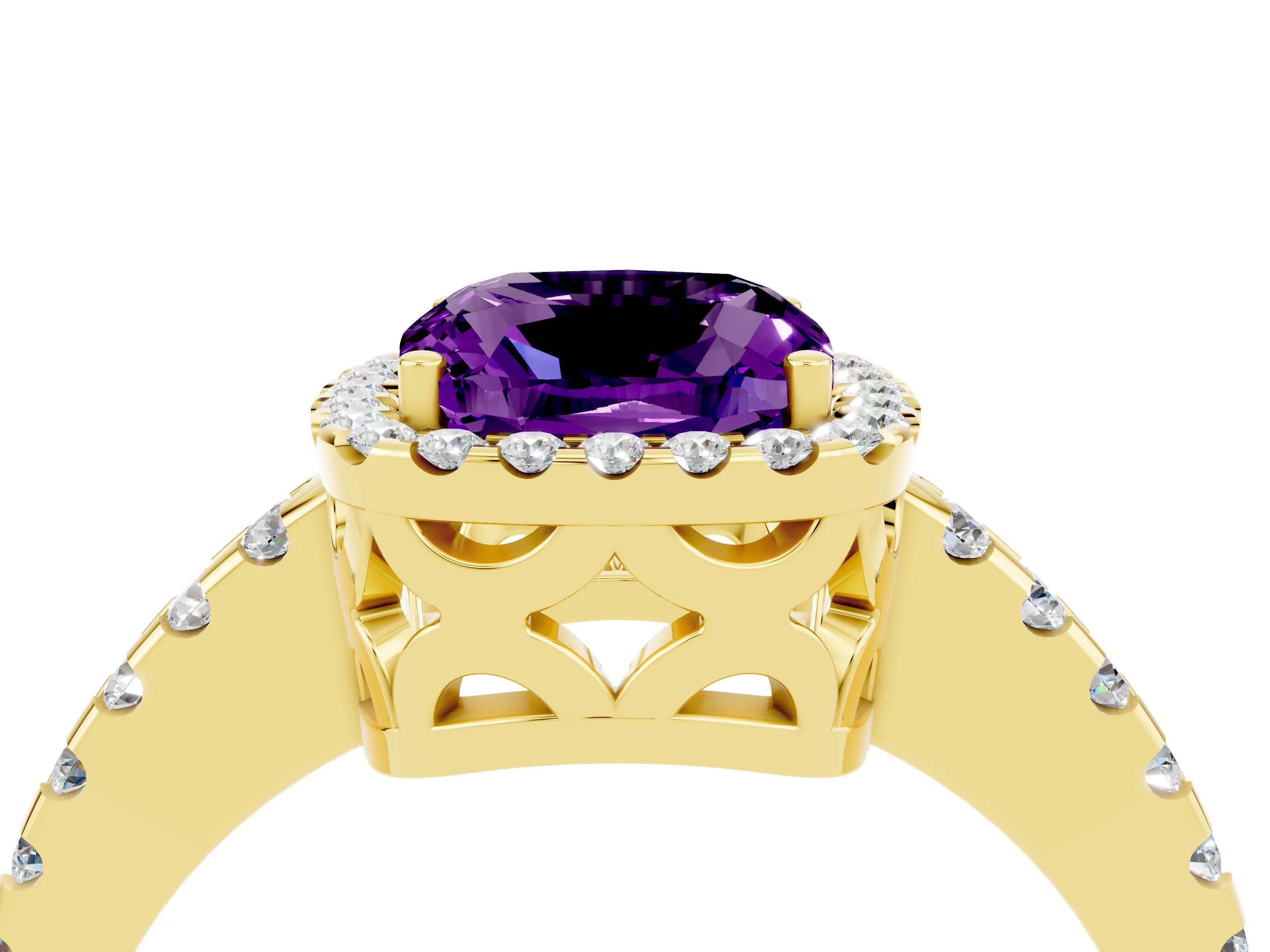Yellow gold Cushion Cut Amethyst Halo Engagement Ring with Pavé Band and Prong Setting_16