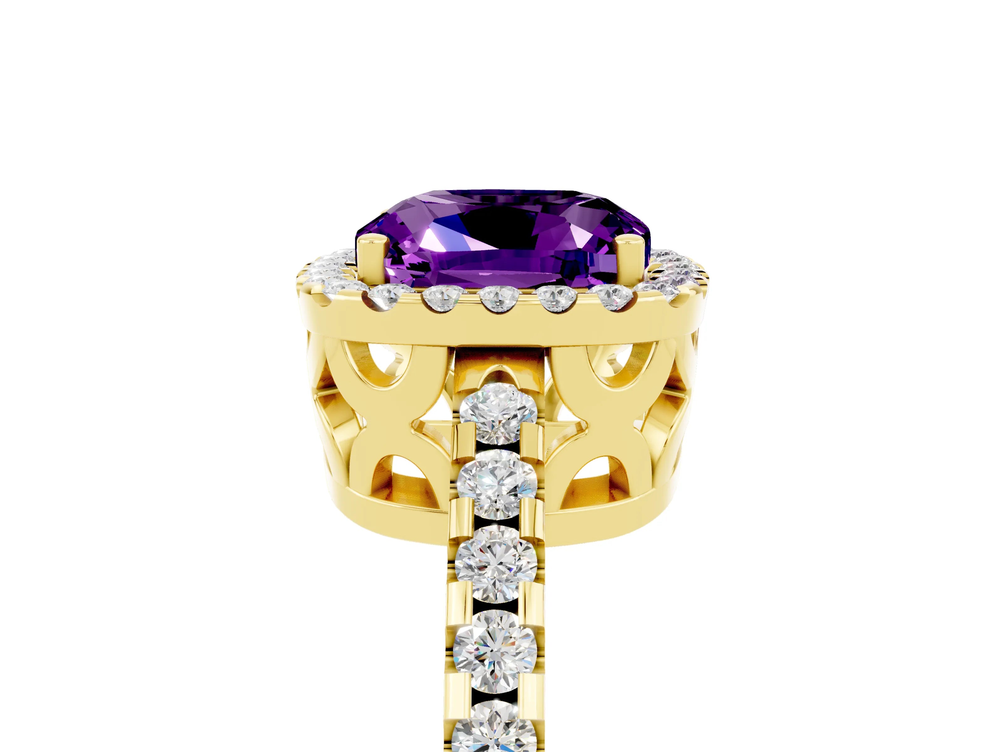 Yellow gold Cushion Cut Amethyst Halo Engagement Ring with Pavé Band and Prong Setting_17
