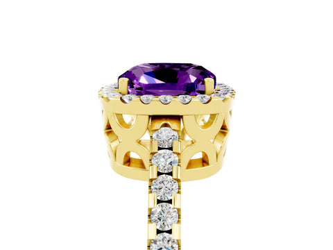 Yellow gold Cushion Cut Amethyst Halo Engagement Ring with Pavé Band and Prong Setting_17