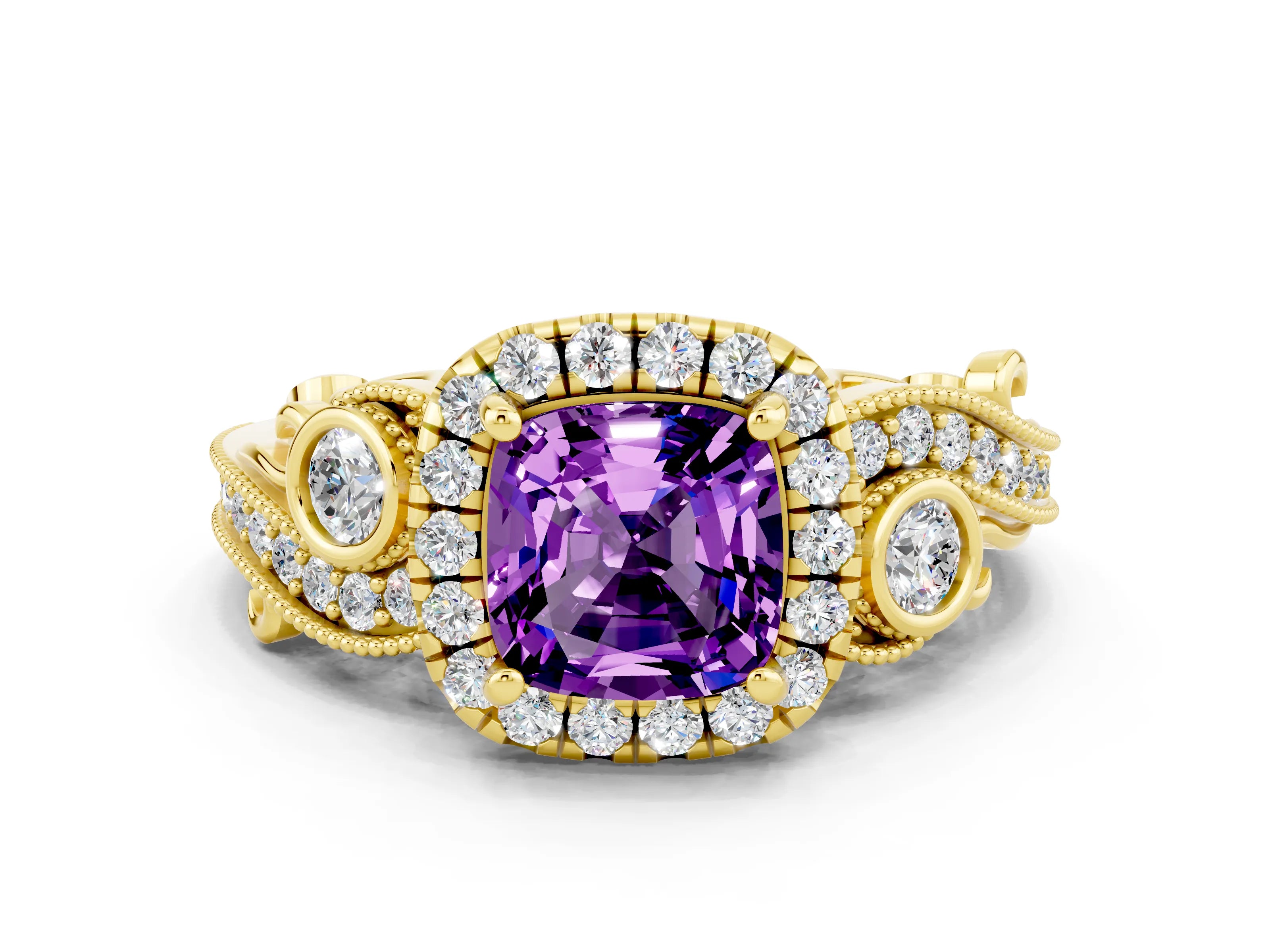 Yellow gold Cushion Cut Amethyst Halo Ring with Milgrain Pavé Band and Four-Prong Setting_12