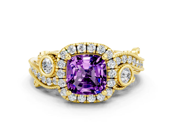 Yellow gold Cushion Cut Amethyst Halo Ring with Milgrain Pavé Band and Four-Prong Setting