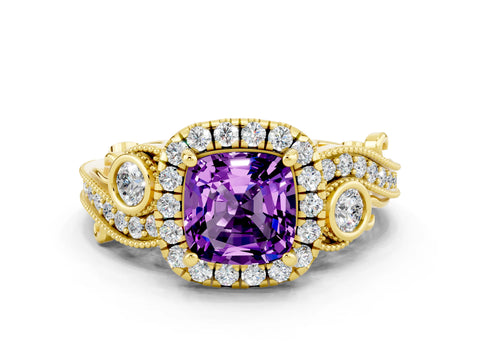 Yellow gold Cushion Cut Amethyst Halo Ring with Milgrain Pavé Band and Four-Prong Setting_12