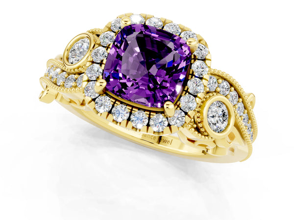 Yellow gold Cushion Cut Amethyst Halo Ring with Milgrain Pavé Band and Four-Prong Setting